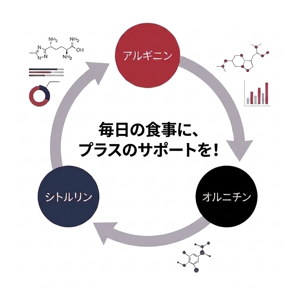 アルギニン・シトルリン・オルニチンの相乗サイクル図解
