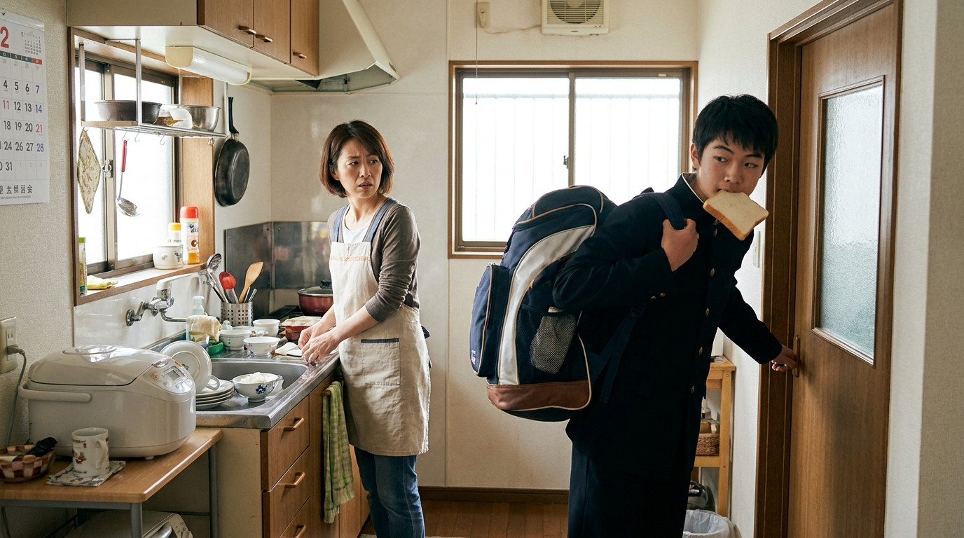パン1枚で急いで登校する高校生と心配する母親