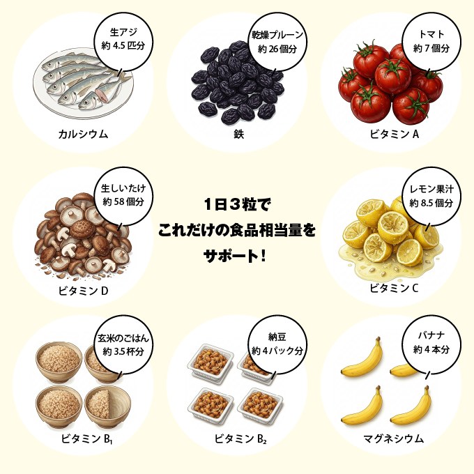 1日3粒でこれだけの食品相当量をサポート