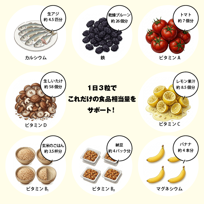 1日3粒でこれだけの食品相当量をサポート