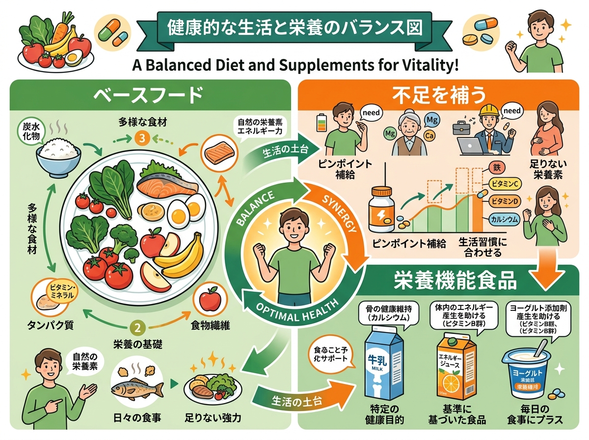 栄養バランスの取れた食事とサプリメントの補助を