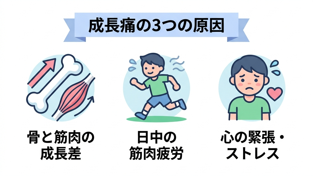 成長痛の3つの原因:骨と筋肉の成長差・日中の筋肉疲労・心の緊張とストレス