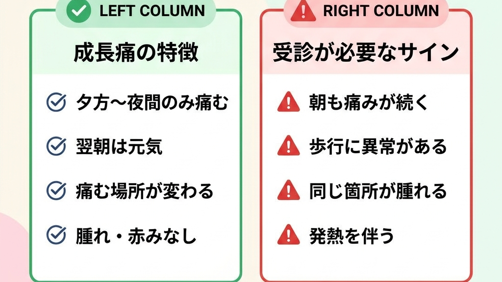 成長痛の特徴と受診が必要な危険なサインの比較チェックリスト