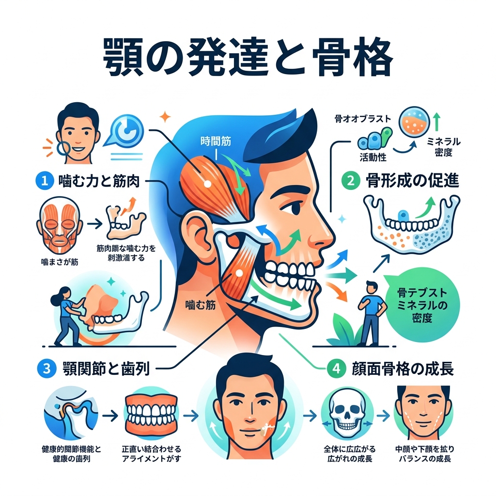 咀嚼による刺激が顎骨に伝わる仕組みと骨格発達の図解