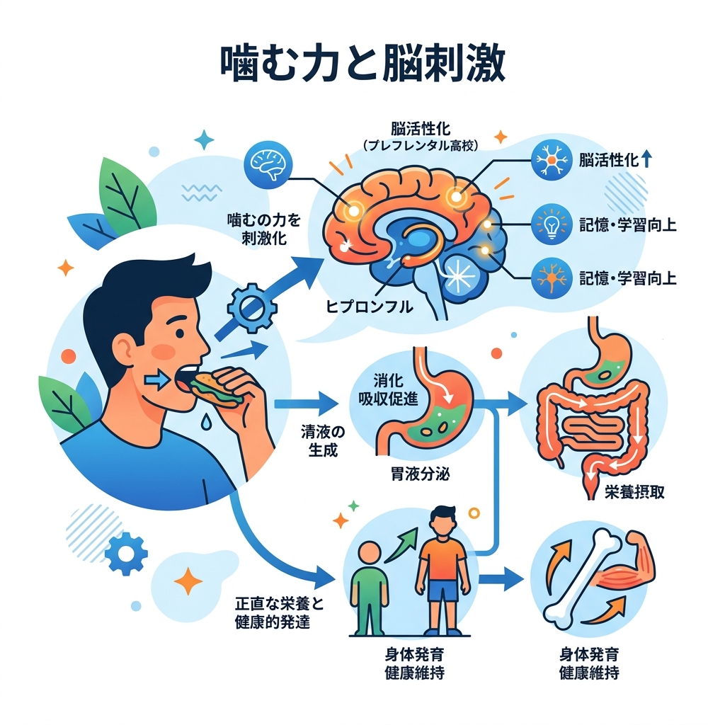 噛む力が脳を活性化し、セロトニン分泌から成長ホルモン放出を促すループ図