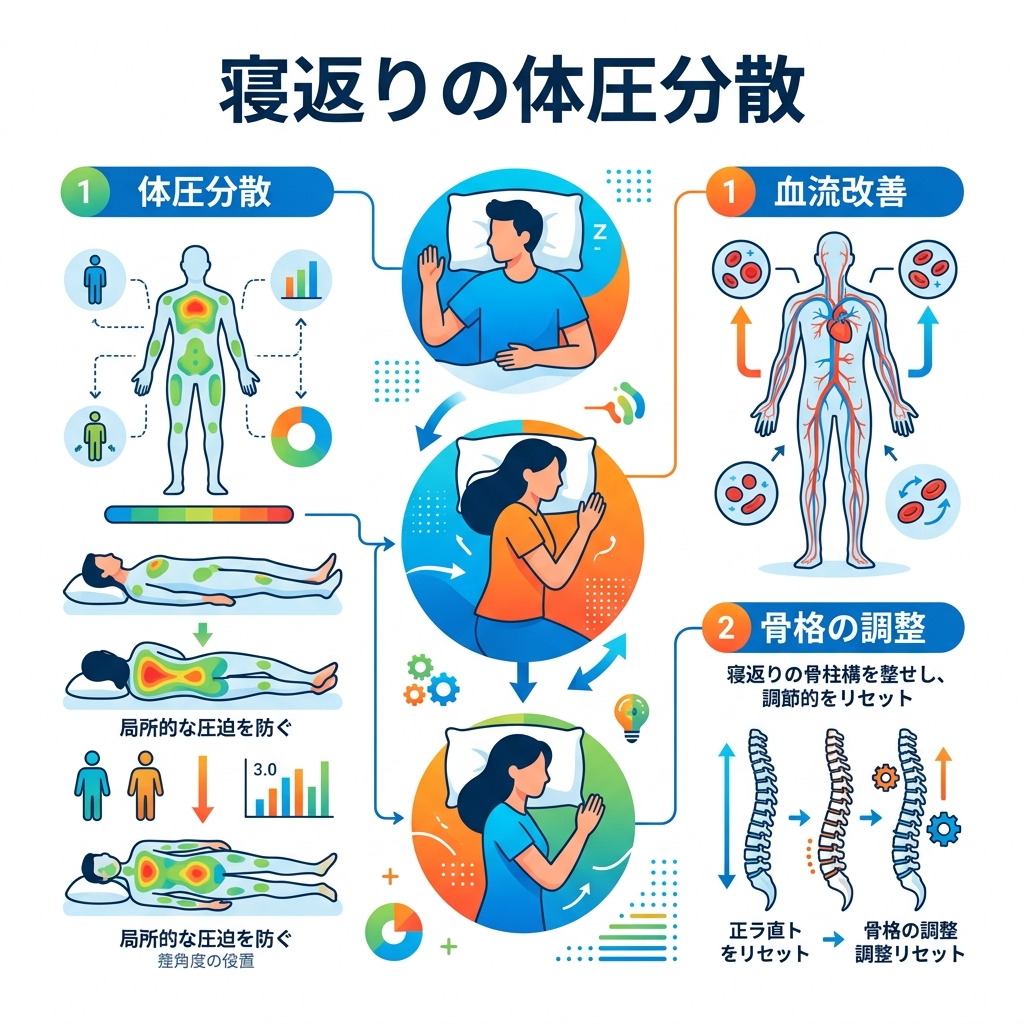 寝返りが体圧を分散し血管の圧迫を防いで骨の成長をサポートする仕組みの図解