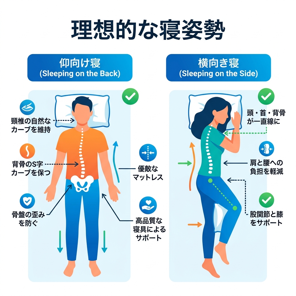仰向け寝と横向き寝における理想的な背骨のアライメントと寝具サポートの図解