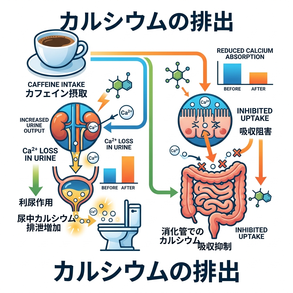 カフェインがカルシウムの小腸吸収を阻害し尿中流出を促進する生理的プロセスの図解