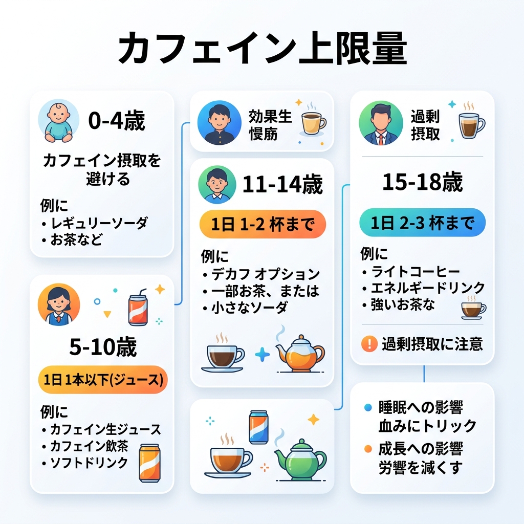 小児・思春期における推奨カフェイン上限量と過剰摂取リスクのインフォグラフィック