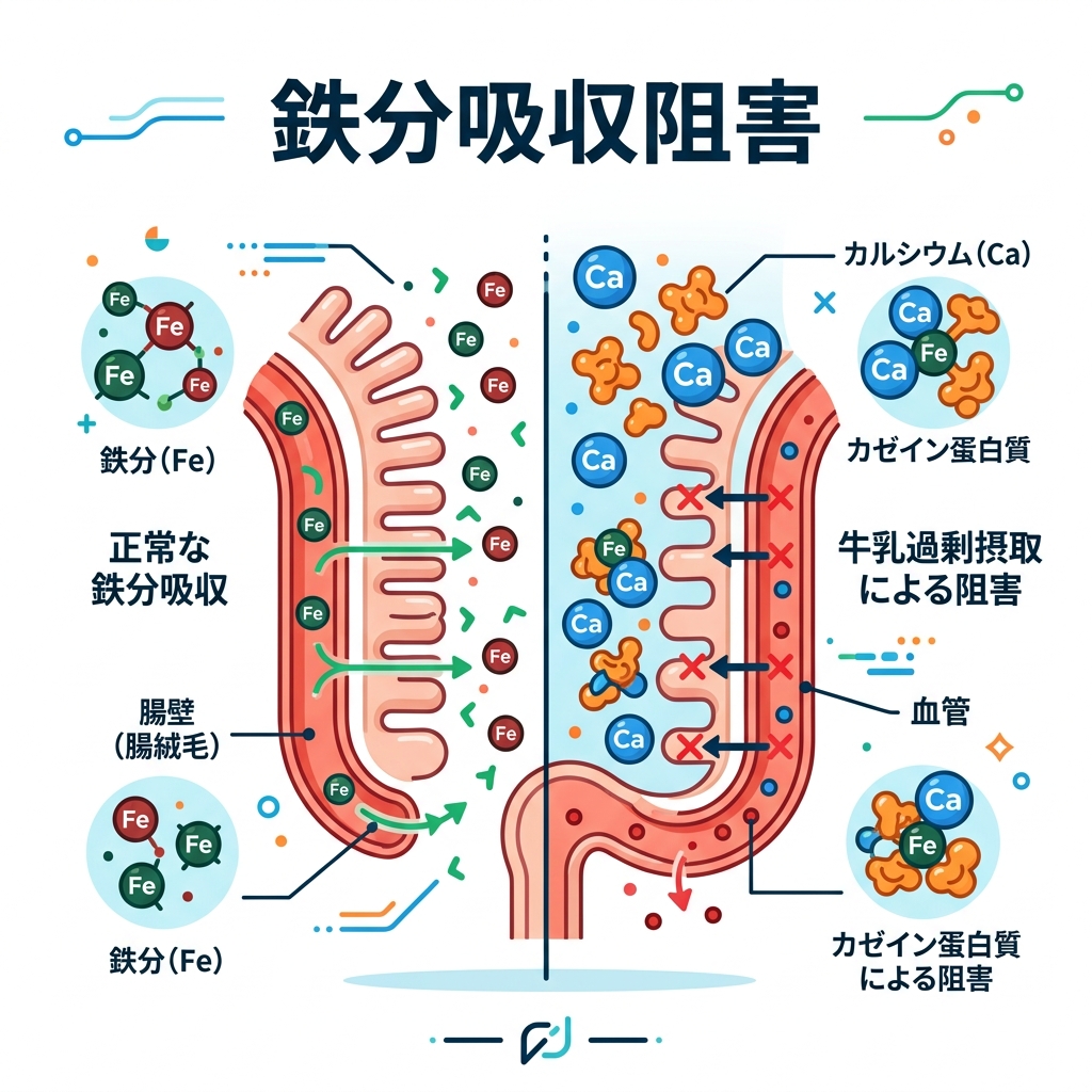 牛乳中のカルシウムやカゼインが鉄分の吸収を腸内で阻害する仕組みの図解