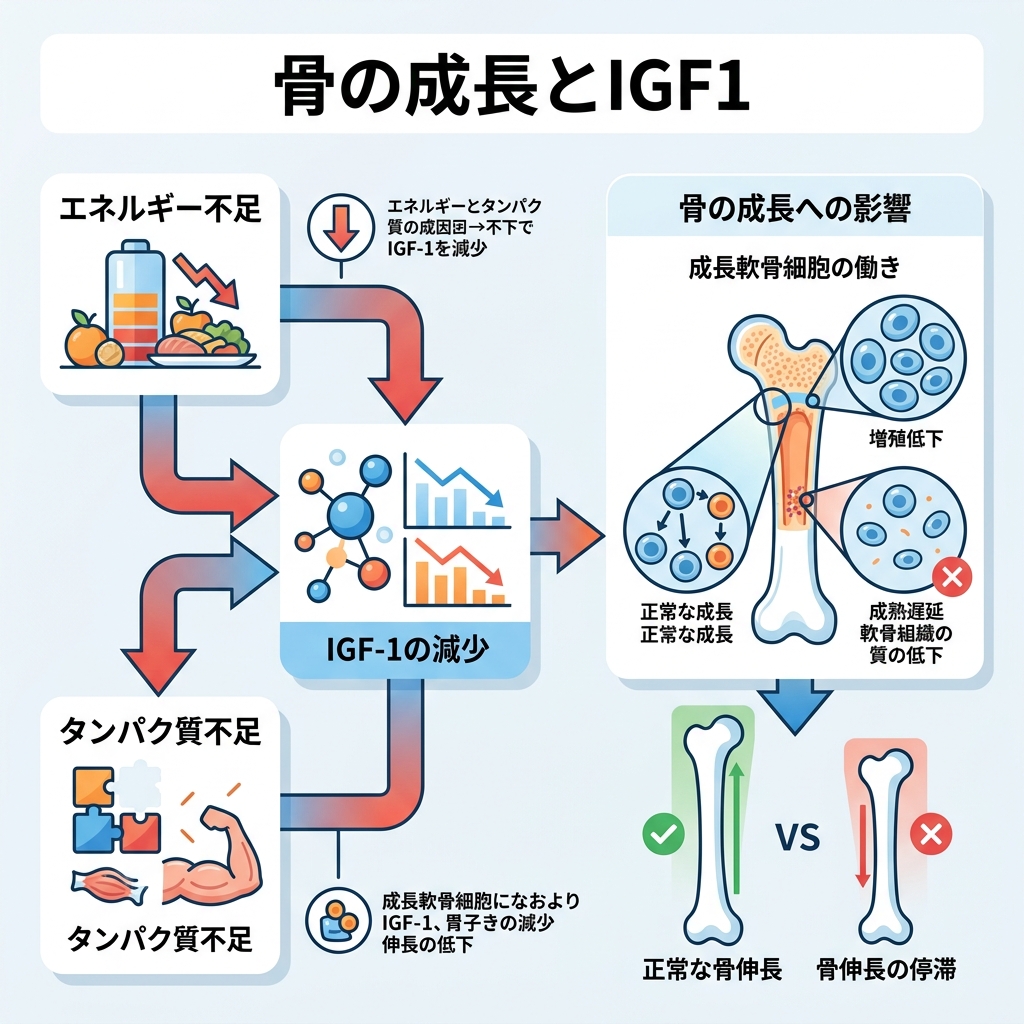 極端なカロリー制限がIGF-1分泌を低下させ骨端線の細胞分裂を停止させる生化学的ルートの図解