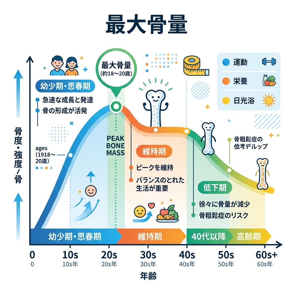 思春期の健全な成長に必要なエネルギー摂取と最大骨量（PBM）の推移イメージ