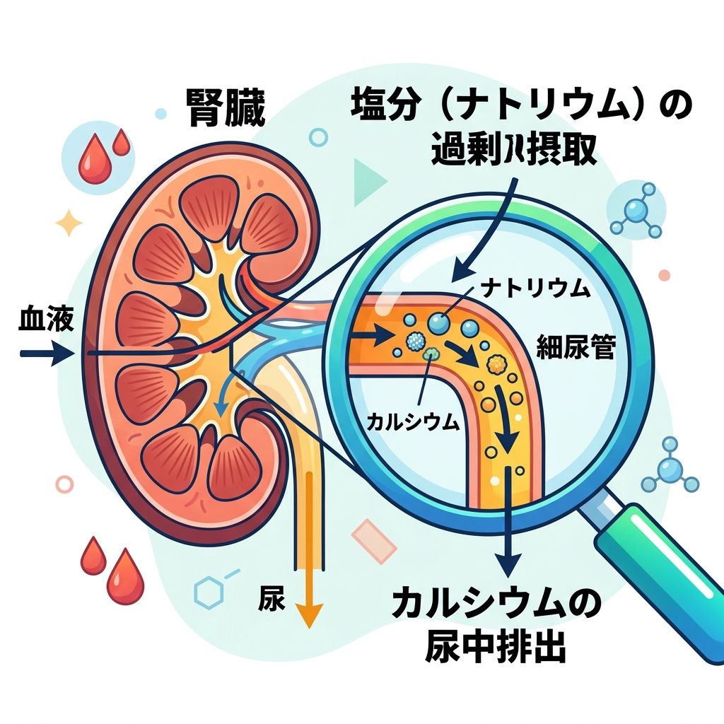 塩分の過剰摂取が腎臓でカルシウムを道連れにして尿中へ排出する生化学的仕組みの図解