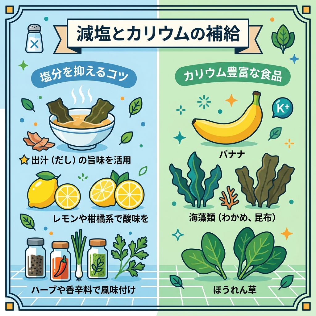 日常生活で実践できる減塩のコツとカリウム豊富な食品の組み合わせ一覧