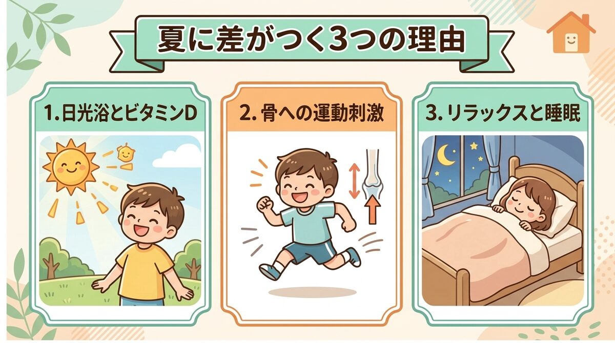 夏休み明けに差がつく3つの理由(日光浴とビタミンD・骨への運動刺激・リラックスと睡眠)インフォグラフィック図解