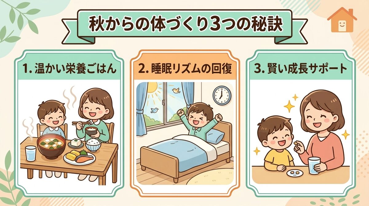 秋からの成長期の体づくり3つの秘訣(温かい栄養ごはん・睡眠リズムの回復・賢い成長サポート)インフォグラフィック図解