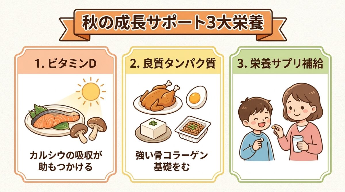 秋の成長サポート3大栄養(ビタミンD・良質タンパク質・栄養サプリ補給)インフォグラフィック図解