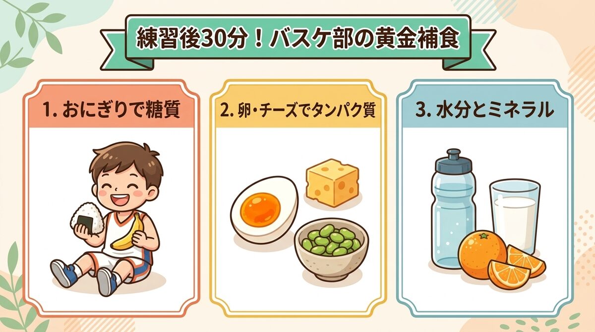 練習後30分!バスケ部の黄金補食(おにぎりで糖質・卵やチーズでタンパク質・水分とミネラル)インフォグラフィック図解