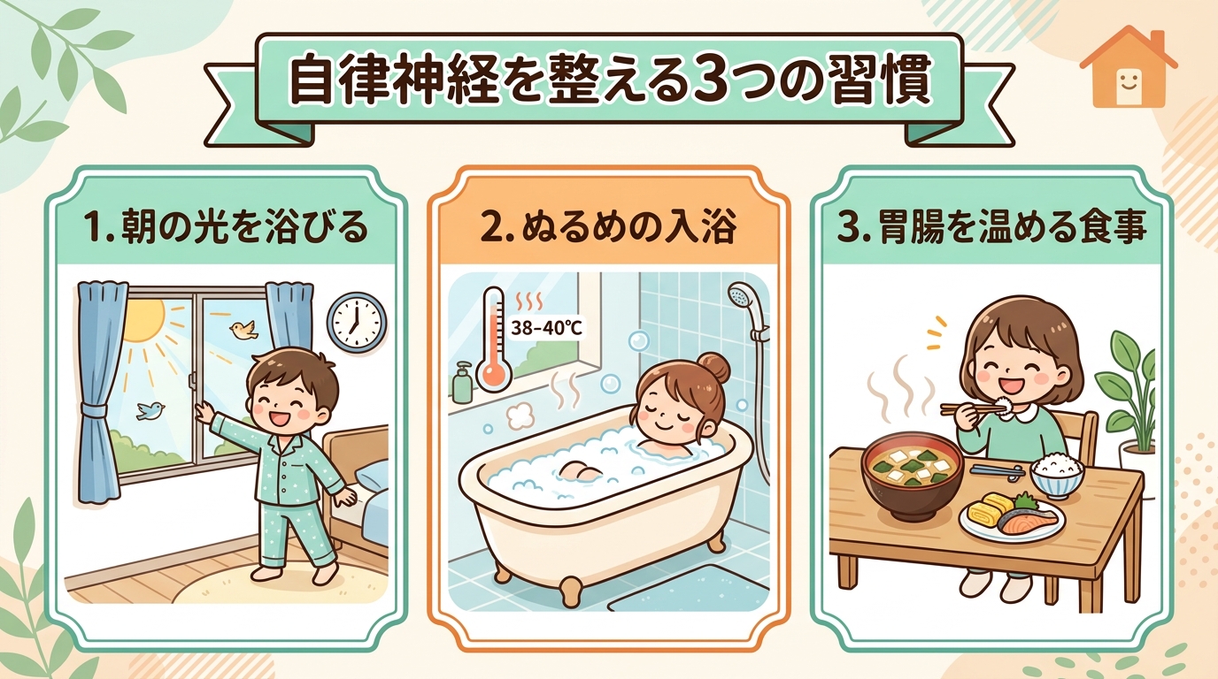 自律神経を整える3つの生活習慣(朝の光・ぬるめの入浴・胃腸を温める食事)