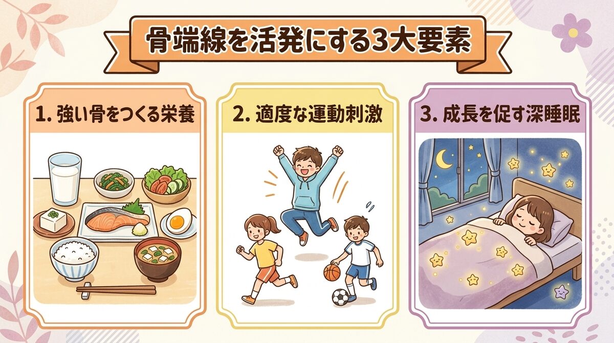 身長が伸びる仕組みを最大化する強い骨をつくる3つの習慣(練習後の補食・骨を育てる夕食・成長を促す睡眠)インフォグラフィック図解