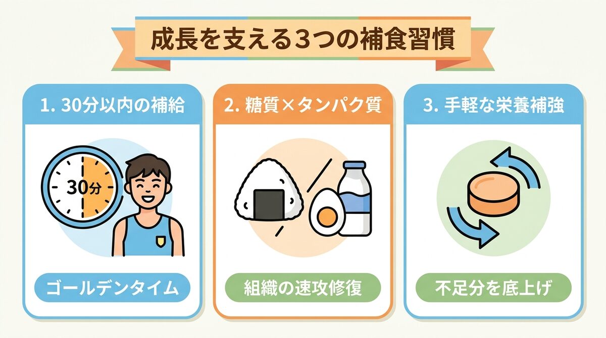 成長を支える3つの補食習慣（30分以内の補給ゴールデンタイム・糖質タンパク質の組織速攻修復・手軽な栄養補強で不足分を底上げ）インフォグラフィック図解