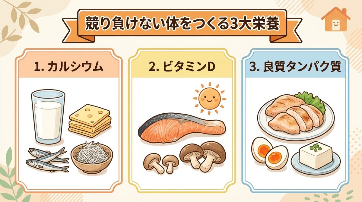 新人戦でレギュラーを掴むための強い骨をつくる3大栄養素(カルシウム・ビタミンD・タンパク質)インフォグラフィック図解