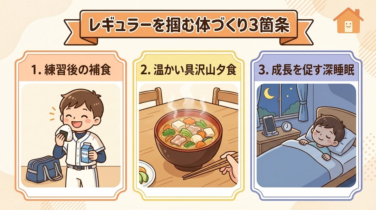 新人戦でレギュラーを掴む運動部の強い骨をつくる3つの習慣(練習後の補食・骨を育てる夕食・成長を促す睡眠)インフォグラフィック図解