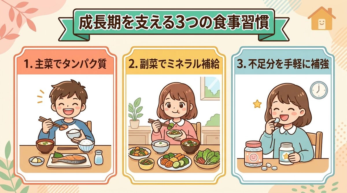 成長期を支える3つの食事習慣(主菜でタンパク質・副菜でミネラル補給・不足分を手軽に補強)インフォグラフィック図解