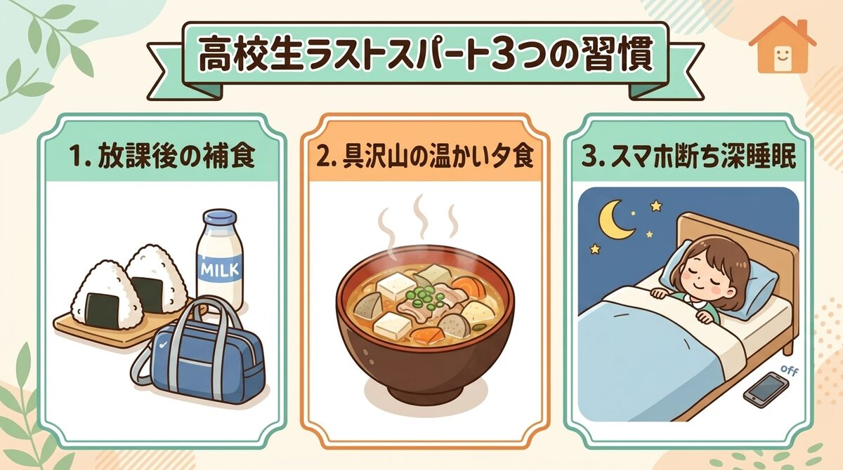 高校生ラストスパートを支える3つの生活習慣(放課後の補食・温かい夕食・スマホ断ち深睡眠)インフォグラフィック図解