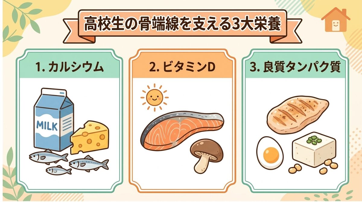 高校生の骨端線を支える強い骨をつくる3大栄養素(カルシウム・ビタミンD・タンパク質)インフォグラフィック図解