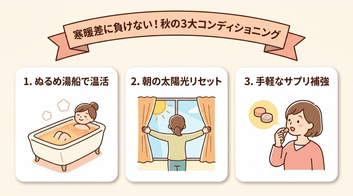 寒暖差に負けない!秋の3大コンディショニング習慣(ぬるめ入浴・朝の太陽光・手軽なサプリ補強)インフォグラフィック図解