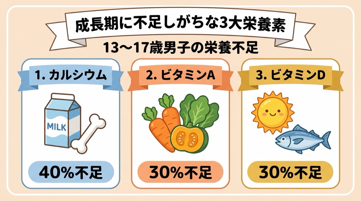 成長期に不足しがちな3大栄養素(13〜17歳男子:カルシウム40%・ビタミンA30%・ビタミンD30%不足)インフォグラフィック図解