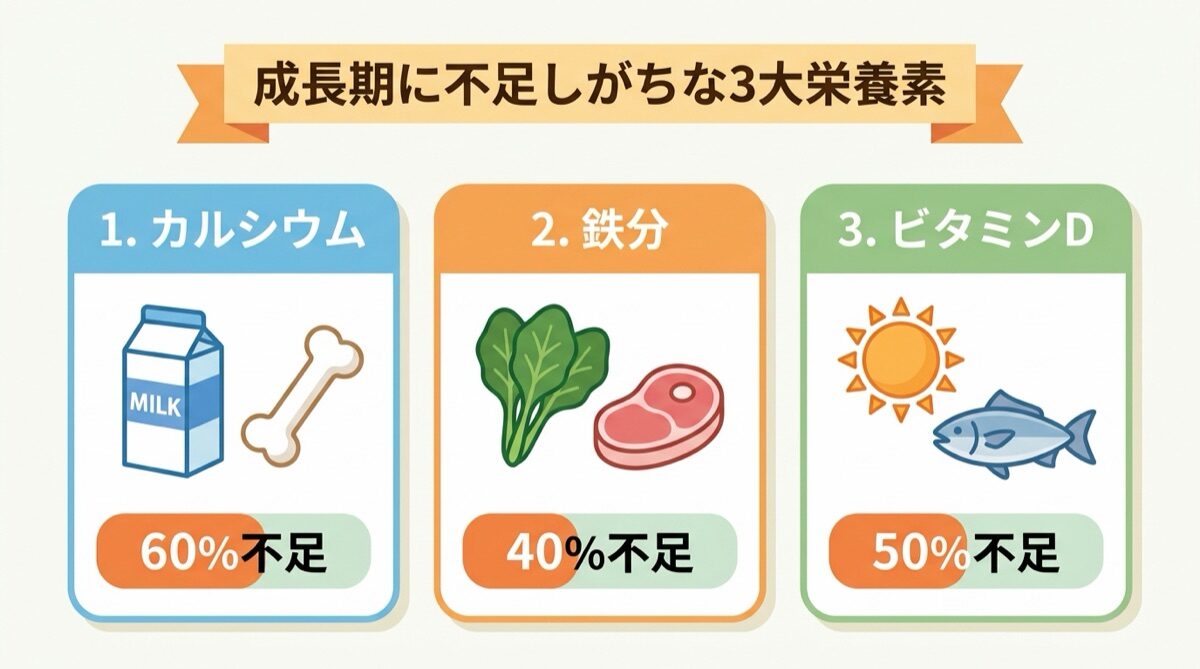 成長期に不足しがちな3大栄養素(カルシウム・鉄分・ビタミンD)インフォグラフィック図解