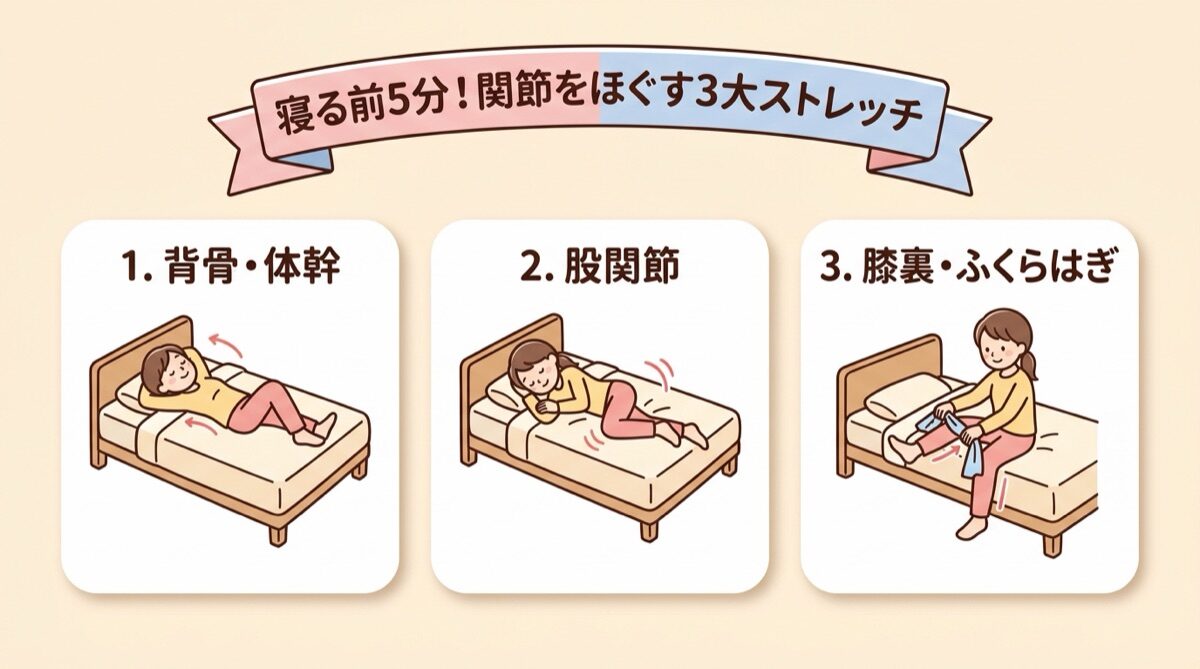 寝る前5分！関節をほぐす3大ストレッチ（背骨体幹のばし・股関節ほぐし・膝裏ふくらはぎ）インフォグラフィック図解