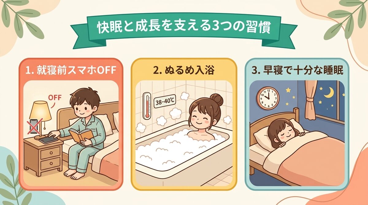 快眠と成長を支える3つの習慣(就寝前スマホOFF・ぬるめ入浴・早寝で十分な睡眠)インフォグラフィック図解