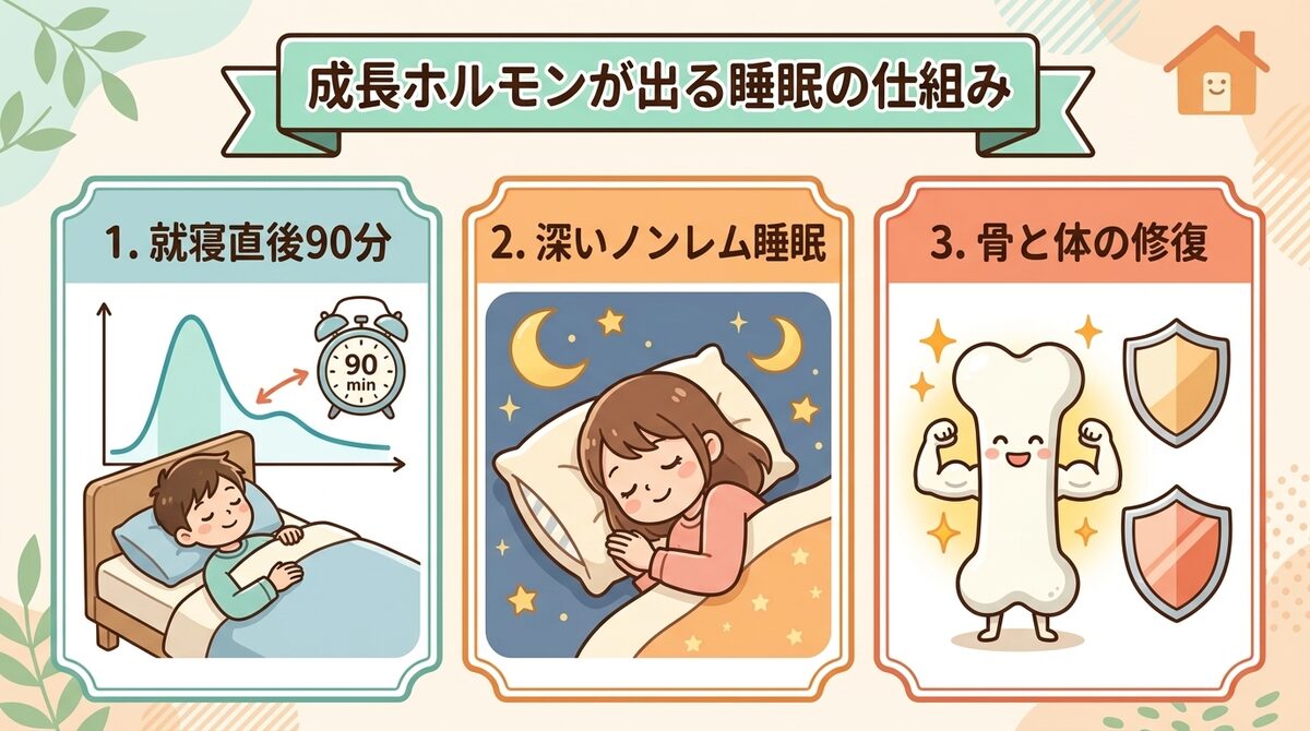 成長ホルモンが出る睡眠の仕組み(就寝直後90分・深いノンレム睡眠・骨と体の修復)インフォグラフィック図解