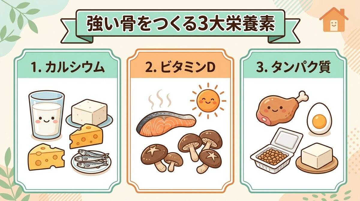 強い骨をつくる3大栄養素（カルシウム・ビタミンD・タンパク質）インフォグラフィック図解