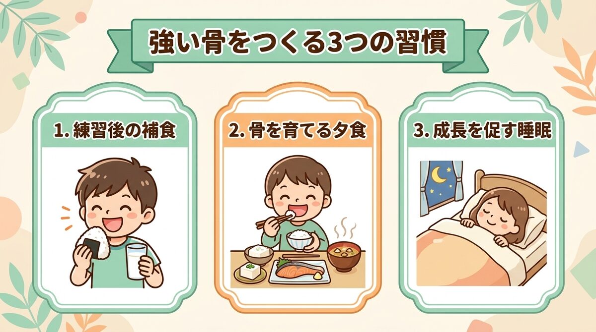 強い骨をつくる3つの習慣（練習後の補食・骨を育てる夕食・成長を促す睡眠）インフォグラフィック図解
