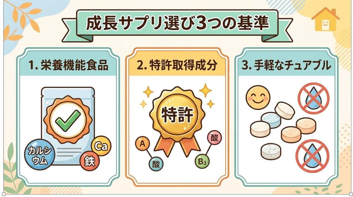中高生の成長サプリ選び3つのチェック基準(栄養機能食品・特許取得成分・手軽なチュアブル)インフォグラフィック図解