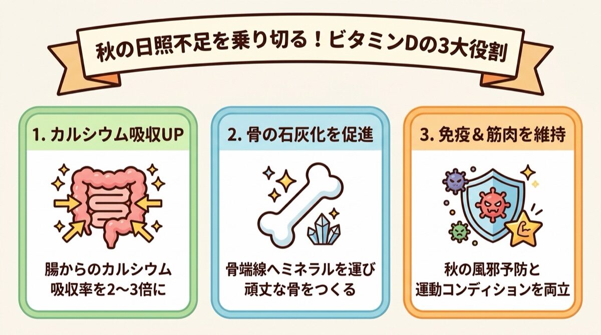 秋の日照不足を乗り切る！ビタミンDの3大役割（カルシウム吸収UP・骨の石灰化促進・免疫とコンディション維持）インフォグラフィック図解