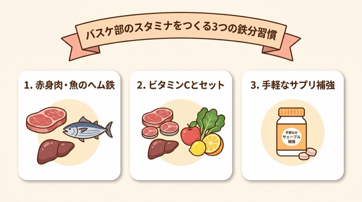 バスケ部のスタミナをつくる3つの鉄分習慣（ヘム鉄主菜・ビタミンC組み合わせ・手軽なサプリ補強）インフォグラフィック図解