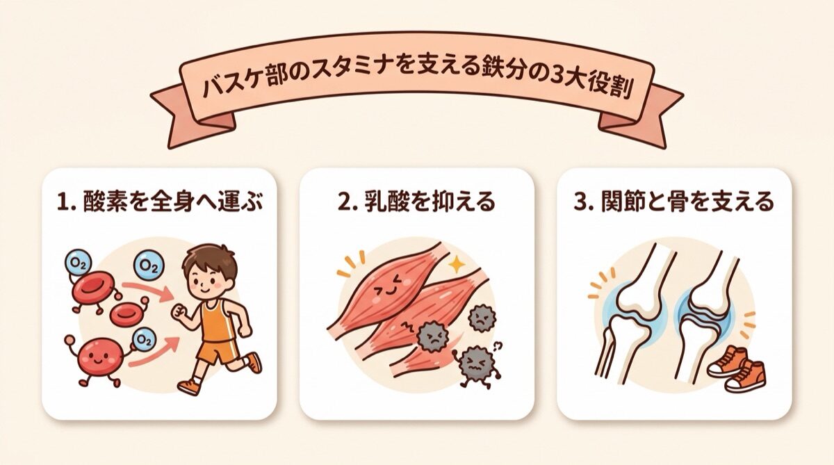 バスケ部のスタミナを支える鉄分の3大役割（酸素運搬・乳酸蓄積防止・疲労回復）インフォグラフィック図解