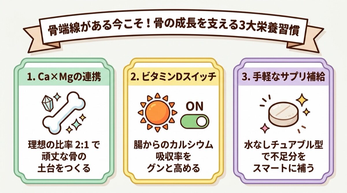 骨端線がある今こそ!骨の成長を支える3大栄養習慣(カルシウムマグネシウムの骨形成・ビタミンDの吸収スイッチ・水なしチュアブルサプリ)インフォグラフィック図解