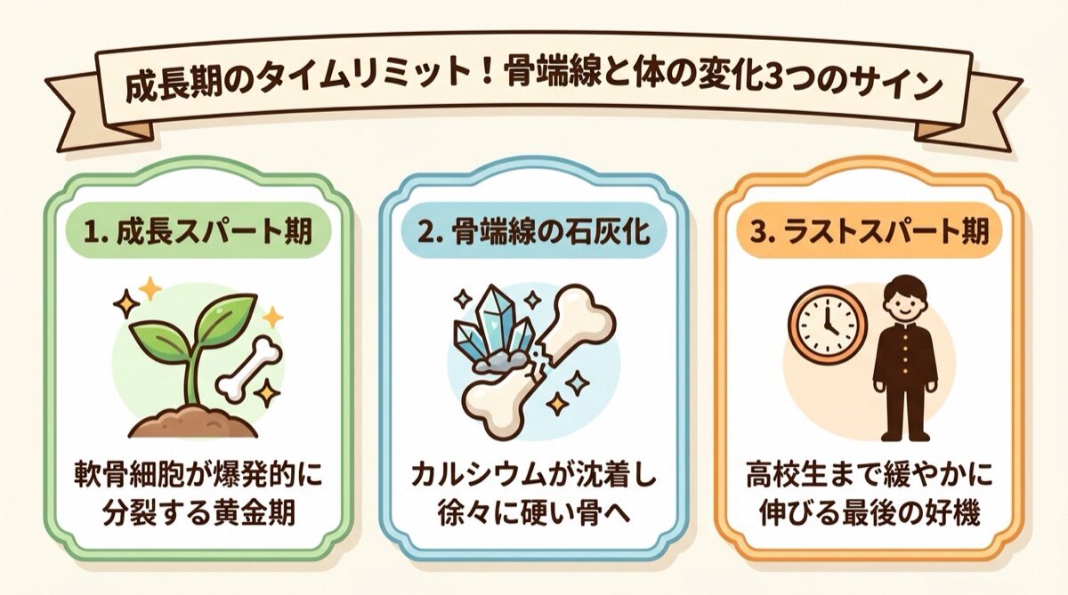 成長期のタイムリミット!骨端線と体の変化3つのサイン(発育スパート期・骨端線の石灰化・成長期のラストスパート)インフォグラフィック図解