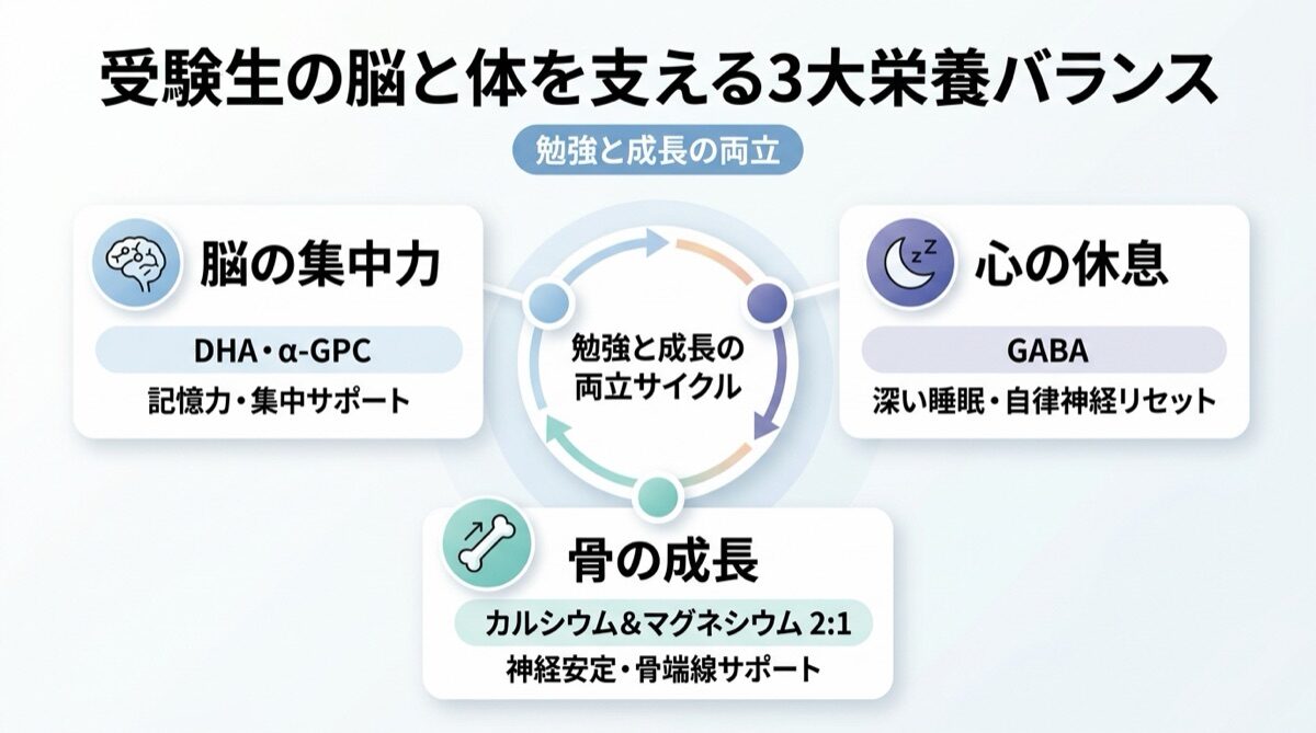 受験生の脳と体を支える3大栄養バランス（脳の集中力DHA・心の休息GABA・骨の成長カルシウムマグネシウム・勉強と成長の両立サイクル）インフォグラフィック図解