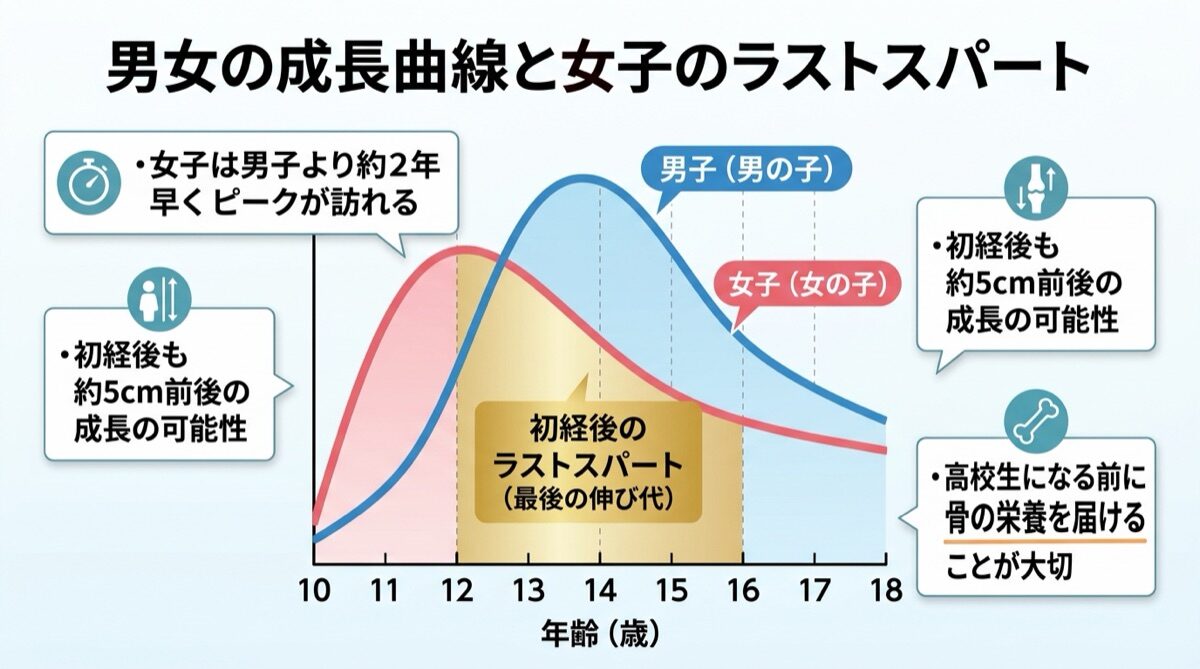 男女の成長曲線と女子のラストスパート(女子は男子より約2年早くピーク・初経後も約5cm前後の成長の可能性・高校生になる前に骨の栄養を届けることが大切)インフォグラフィック図解