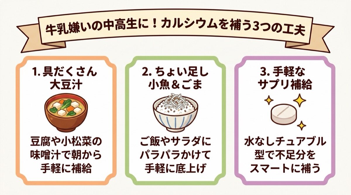 牛乳嫌いの中高生に!カルシウムを補う3つの工夫(大豆と小松菜メニュー・ちょい足し小魚とごま・水なしチュアブルサプリ)インフォグラフィック図解