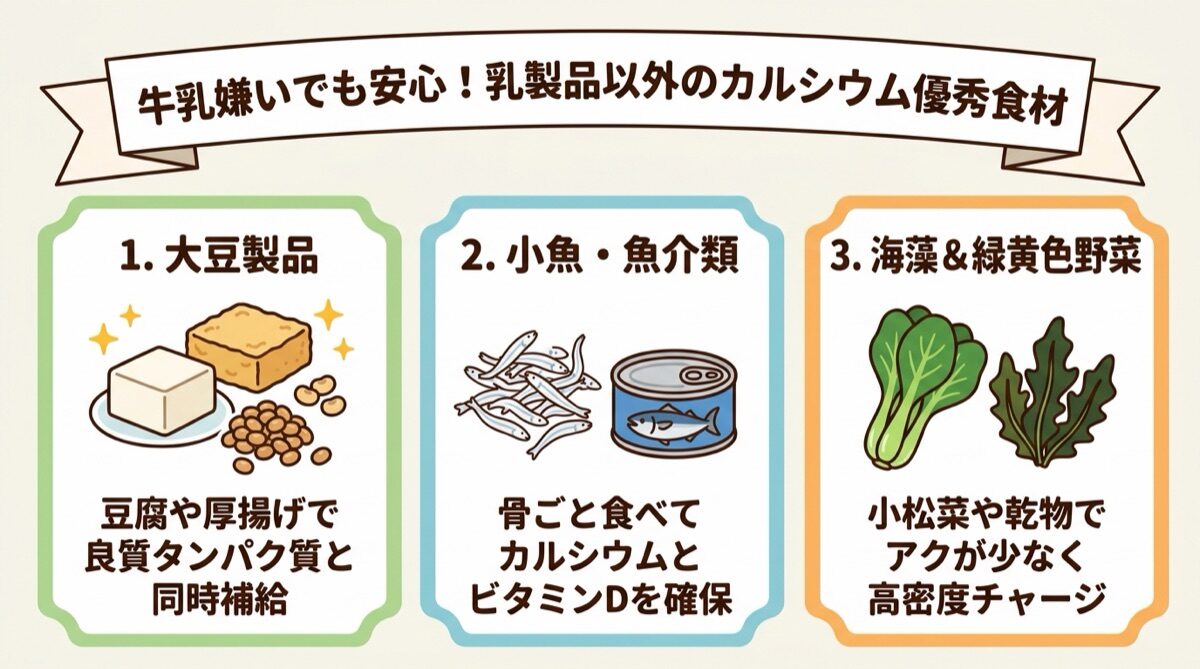 牛乳嫌いでも安心!乳製品以外のカルシウム優秀食材(大豆製品・小魚魚介・海藻緑黄色野菜)インフォグラフィック図解