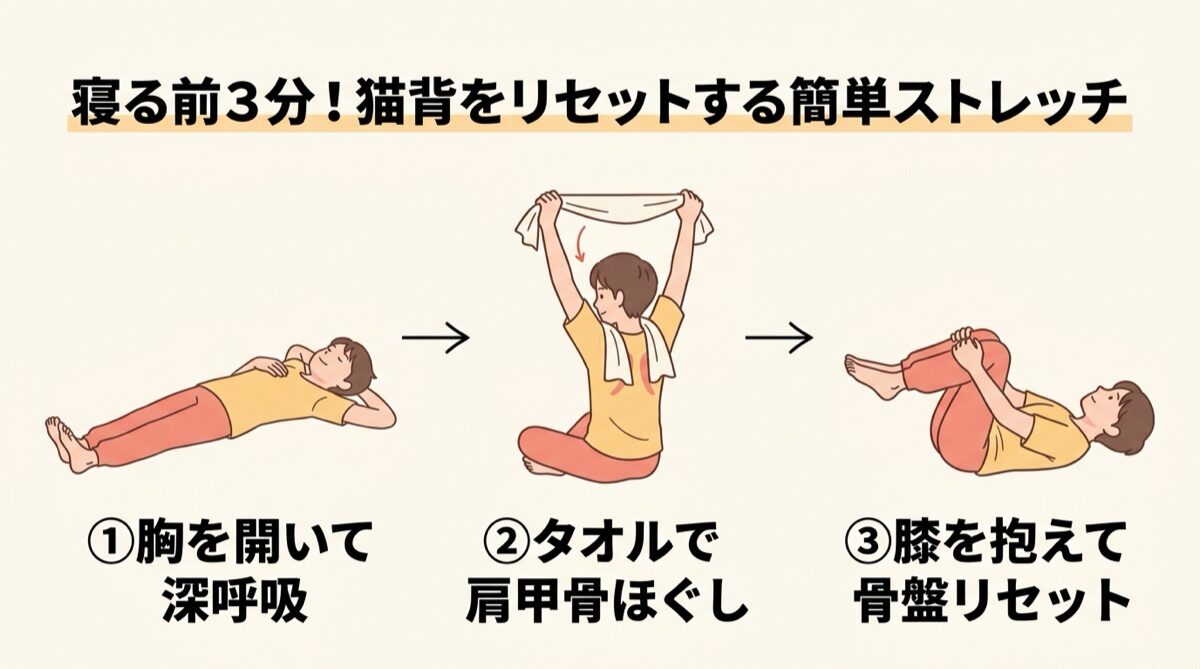 寝る前3分！猫背をリセットする簡単ストレッチ（①胸を開いて深呼吸・②タオルで肩甲骨ほぐし・③膝を抱えて骨盤リセット）ステップ図解