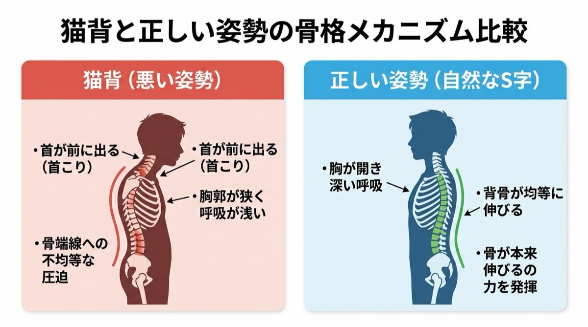 猫背と正しい姿勢の骨格メカニズム比較（首こり・胸郭狭小・骨端線への圧迫 vs 胸が開き深い呼吸・背骨が均等に伸びる・本来の骨の伸びる力）インフォグラフィック図解